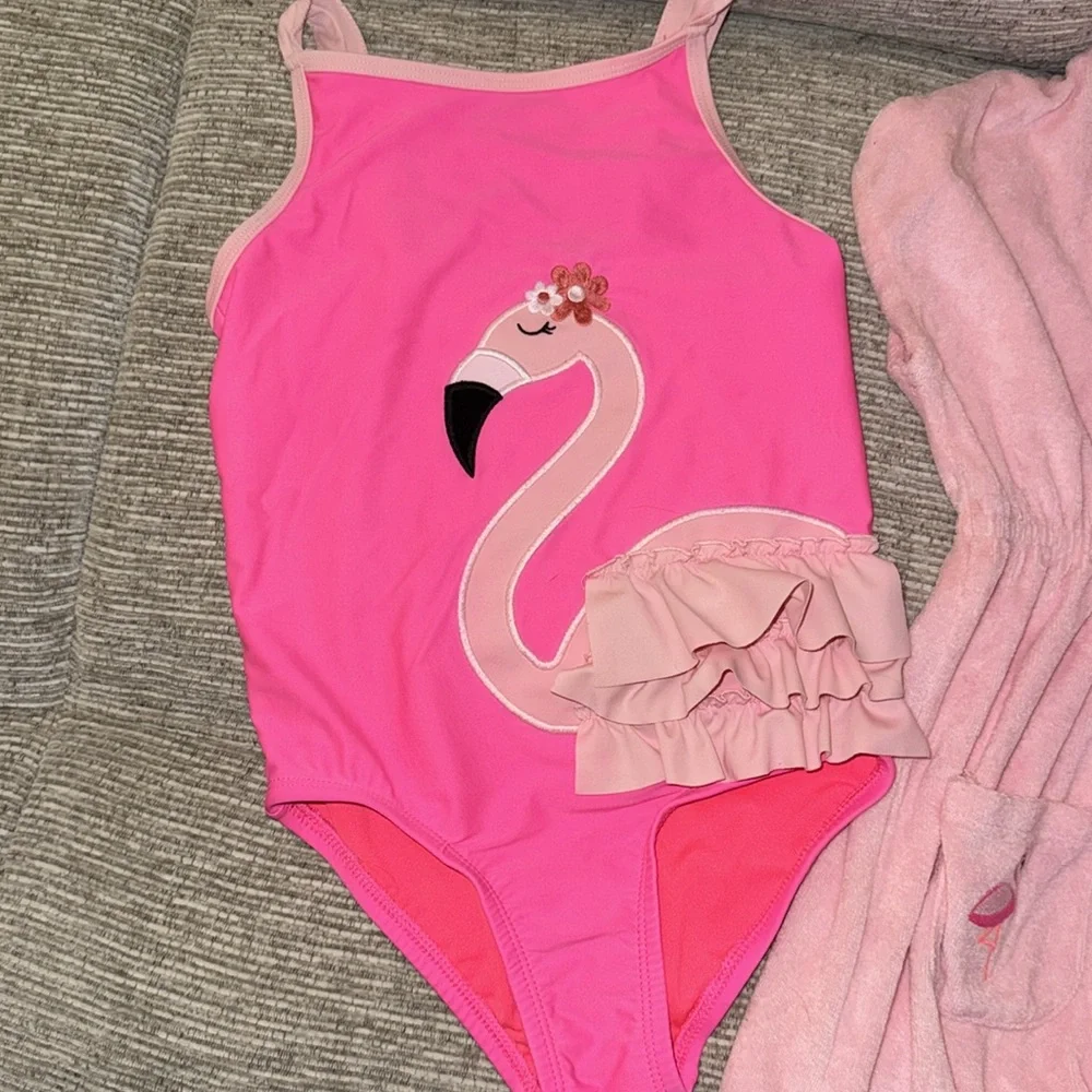 Pink Flamingo Kids One Piece Swimsuit - Picture 2 of 6